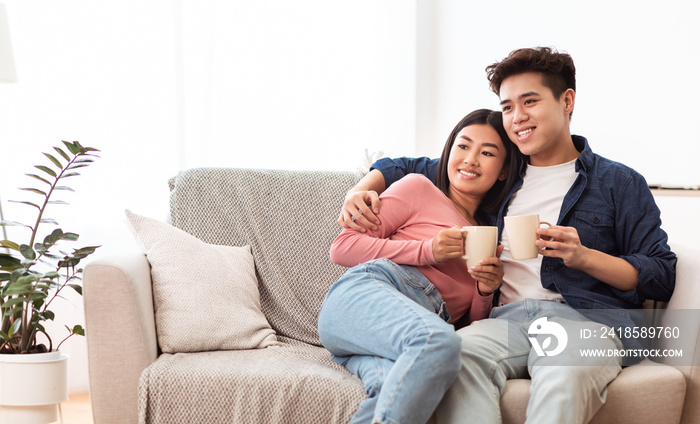 Asian Couple Drinking Coffee Relaxing Sitting On Couch At Home