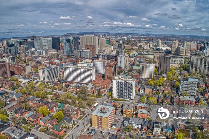 Aerial View of Downtown Ottawa looking north on a Day in Spring