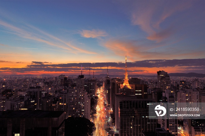 Aerial view of sunset in Sao Paulo city, Brazil. Great sunset scene. Fantastic landscape. Business c