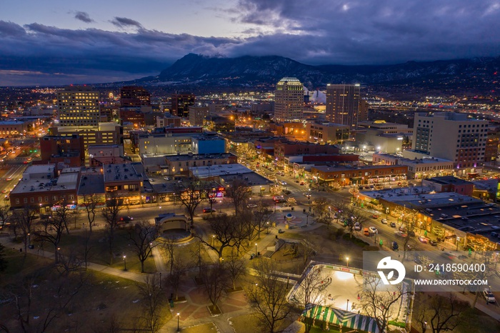 Aerial View of Colorado Springs at Dusk with Christmas Lights