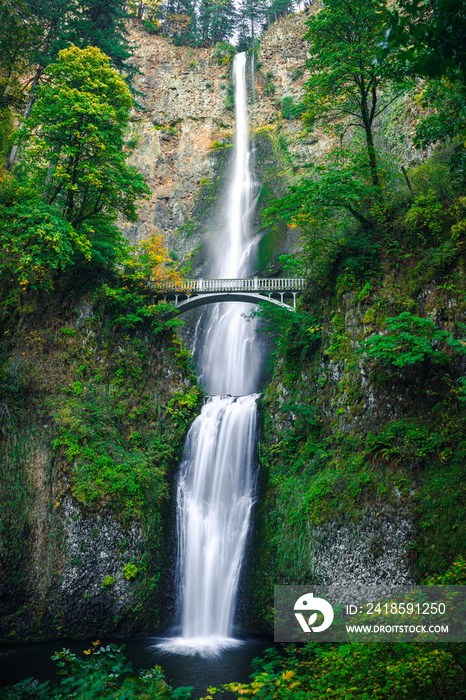 Beautiful Cascading Waterfall Multnomah Falls with Scenic Stone Bridge