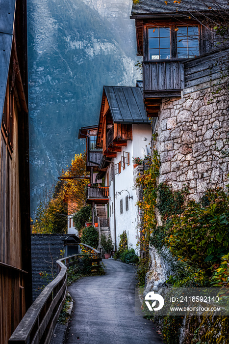 奥地利哈尔斯塔特市中心上方山坡上的狭窄小巷和传统的阿尔卑斯山房屋