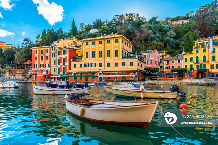 View over the harbour with boats docked, Portofino, Liguria, Italy