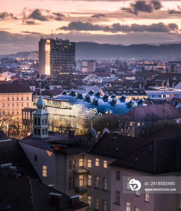 GRAZ, AUSTRIA: View of the roof at sunset in Graz.