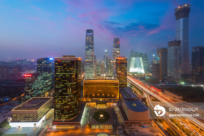 中国北京，北京中央商务区摩天大楼夜晚的高角度视图