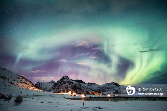 Aurora borealis (Northern lights) explosion with starry on mountain