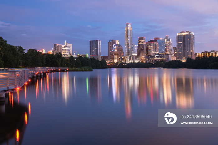 Downtown Austin, Texas, USA skylines reflection on the Colorado River at twilight. Ann and Roy Butle