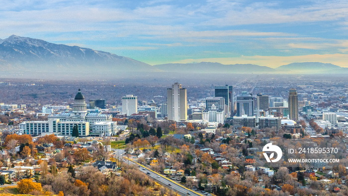 Panorama Panoramic view of the bustling downtown in Salt Lake City Utah