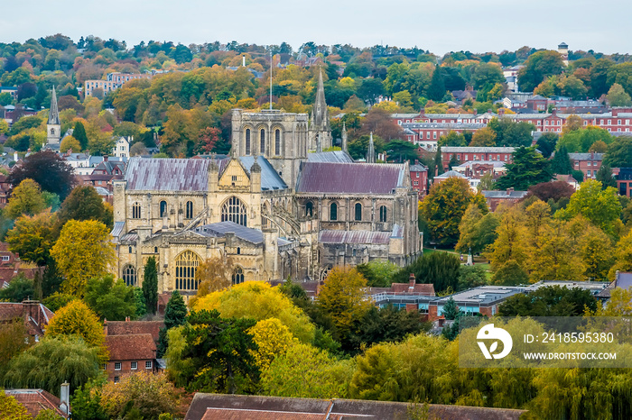 A view from St Giles Hill towards the cathedral in the city of Winchester, UK in Autumn