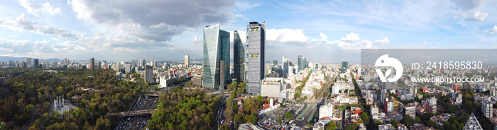Modern buildings on Avenue Paseo de la Reforma panorama aerial view in Mexico City CDMX, Mexico.