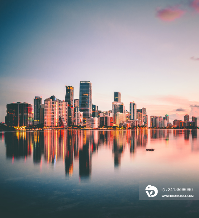 city skyline at sunset miami florida reflections buildings downtown Brickell  usa 