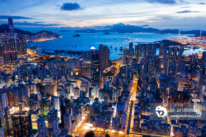 Top view of Hong Kong city at evening