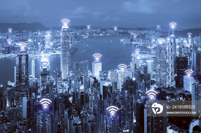 Wifi图标和具有无线网络连接的香港城市。香港智能城市和无线通信
