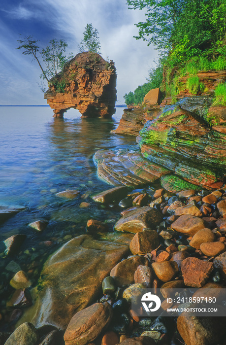 Summer landscape of sea stack and Lake Superior shoreline, Apostle Islands National Lakeshore, Wisco