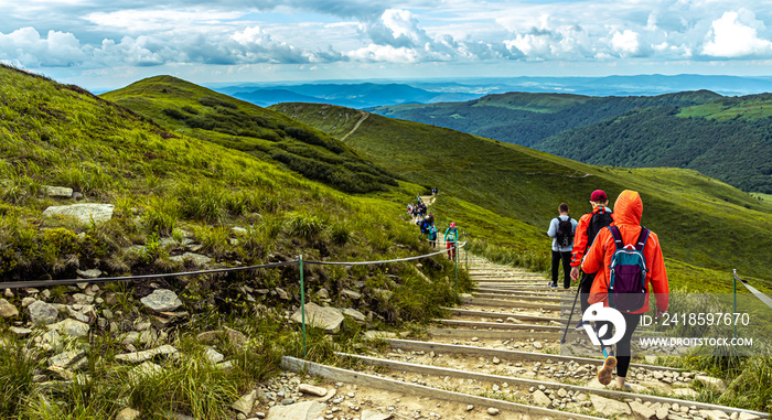 Hiking in the mountains. Poland Bieszczady way from Tarnica.