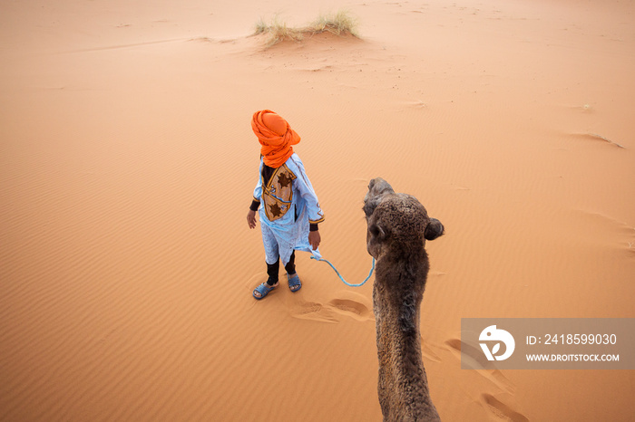 摩洛哥撒哈拉沙漠中的柏柏尔人和他的骆驼。俯视图