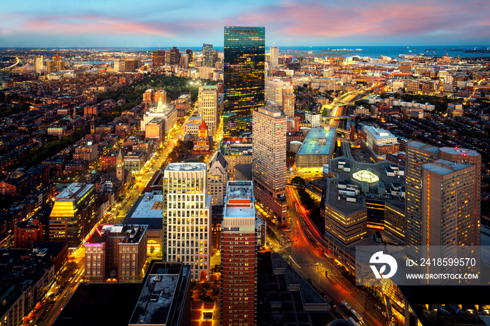 An aerial night view of Boston city center