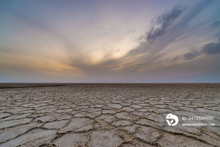 Sunset over Salt Lake on Maranjab Desert in Iran