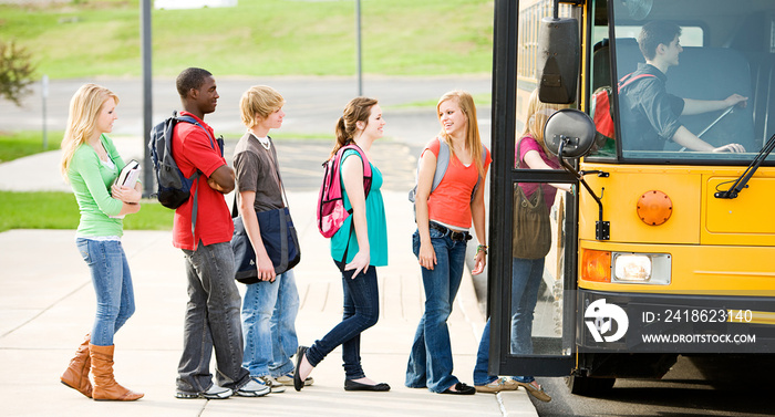 School Bus: Line of Students Boarding Bus