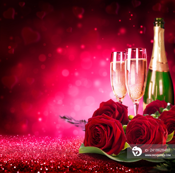 香槟和玫瑰闪耀的情人节