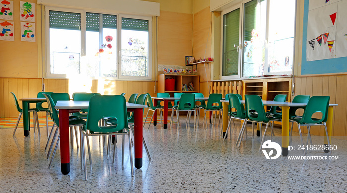 interiors of a kindergarten class with the chairs and childrens