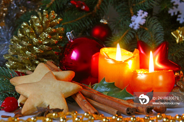 Christmas decoration with Christmas balls and candles