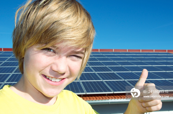 Jugendlicher vor Solaranlage