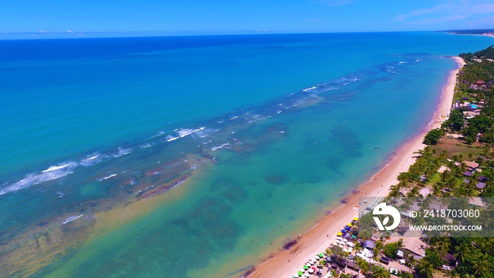 Aerial view of Arraial d’Ajuda Beach, Porto Seguro, Bahia, Brazil. Beauty landscape with several pal