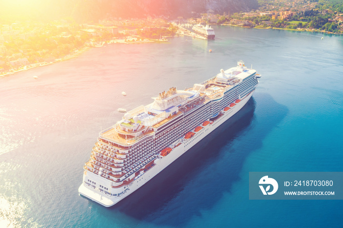 Top view of a beautiful cruise liner in the bay