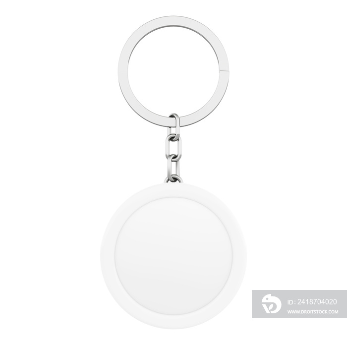 Blank White Round Metal Key Chain with Key Ring. 3d Rendering