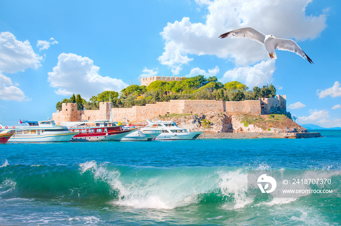 Pigeon Island with a  Pirate castle  Kusadasi harbor - Kusadasi, Turkey