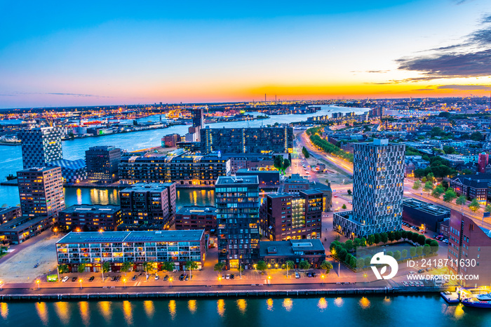 Night aerial view of Port of Rotterdam, Netherlands