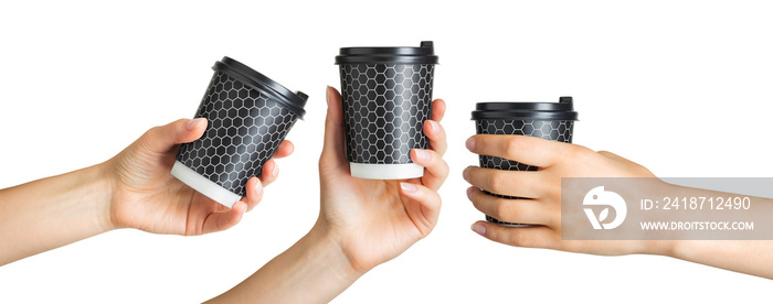 Set of women hands holding coffee paper drinking cup
