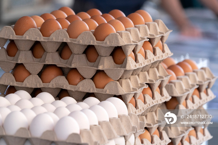 市场上有很多新鲜鸡蛋