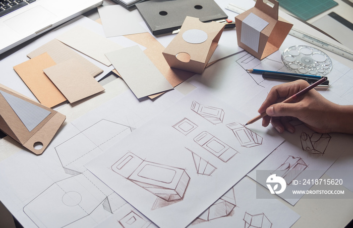 设计师草图设计棕色工艺纸板纸产品生态包装实物模型盒开发