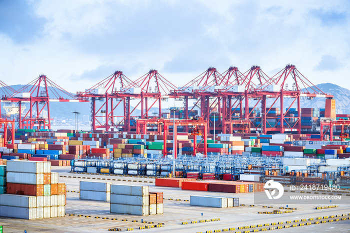 busy harbour with full loads of containers