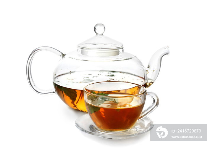 Teapot and cup of hot drink on white background