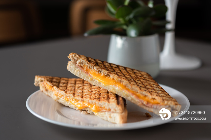 Halbierter Schinken Käse Toast mit Cheddar Käse und Kochschinken frisch und heiß getoastet im Kontak