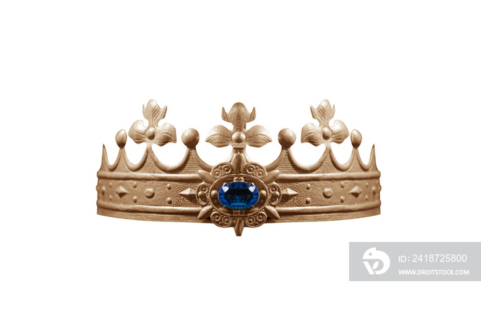 Crown with blue gemstone isolated on white background.