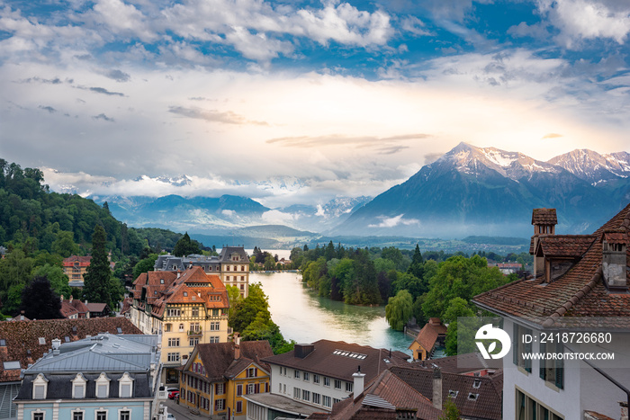 View from Thun Castle with the river Aare and Lake Thun