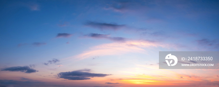 Vibrant color panoramic sun rise and sun set sky with cloud on a cloudy day. Beautiful cirrus cloud.