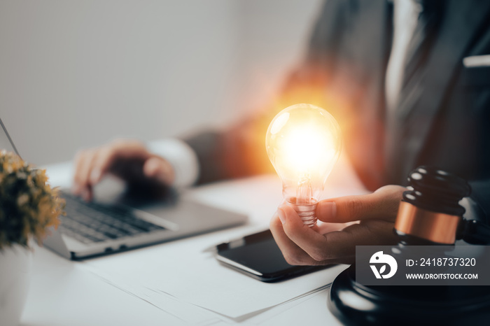 Male lawyer is shown working in an office with a businessman who is holding a light bulb. Concepts o