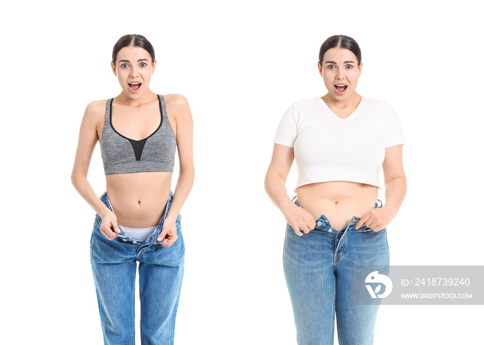 Young woman before and after weight loss on white background