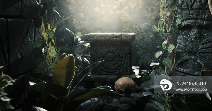 Human skull and ancient ruins in the jungle