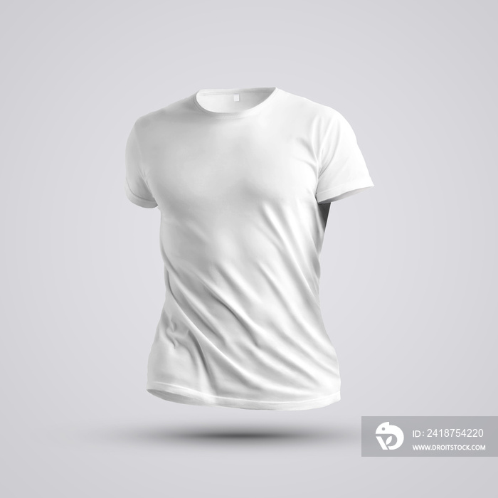 白色背景上没有阴影的男人的身体上的空白t恤的可视化。