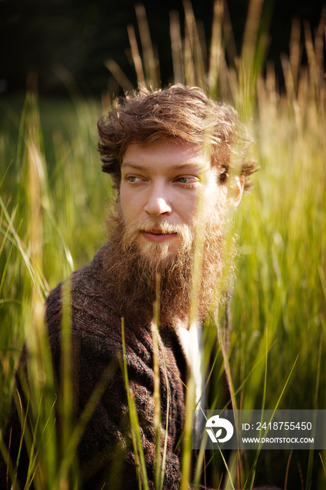 Bearded man standing in tall grass