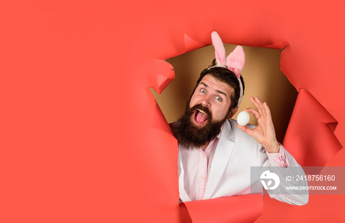 通过纸张。复活节。快乐的大胡子男人拿着复活节彩蛋。春节。复活节兔子服装。