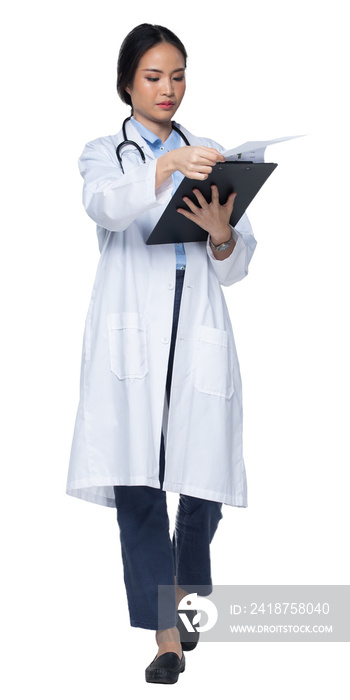 Full body length Figure 20s Asian Woman wear Doctor White uniform pants, stethoscope and shoes