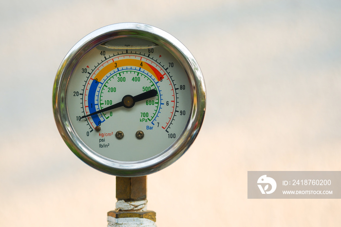 Close up water pressure gauge on natural blur background, Free copy space. clipping path.