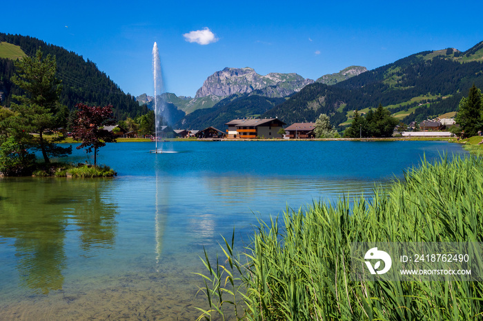 Châtel village with small lake in Swiss alps